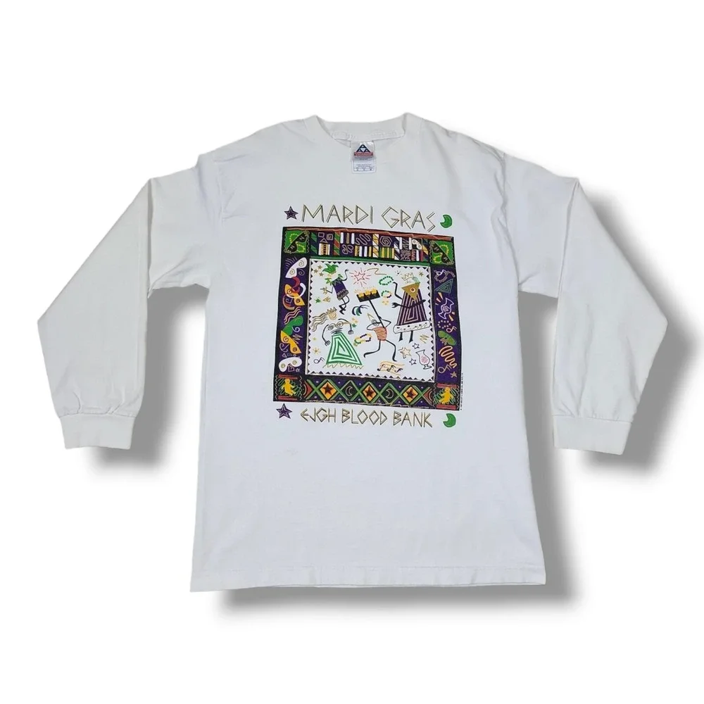 Vintage Mardi Gras JGH Blood Bank Long Sleeve‎ White AAA T-Shirt Size Meduim